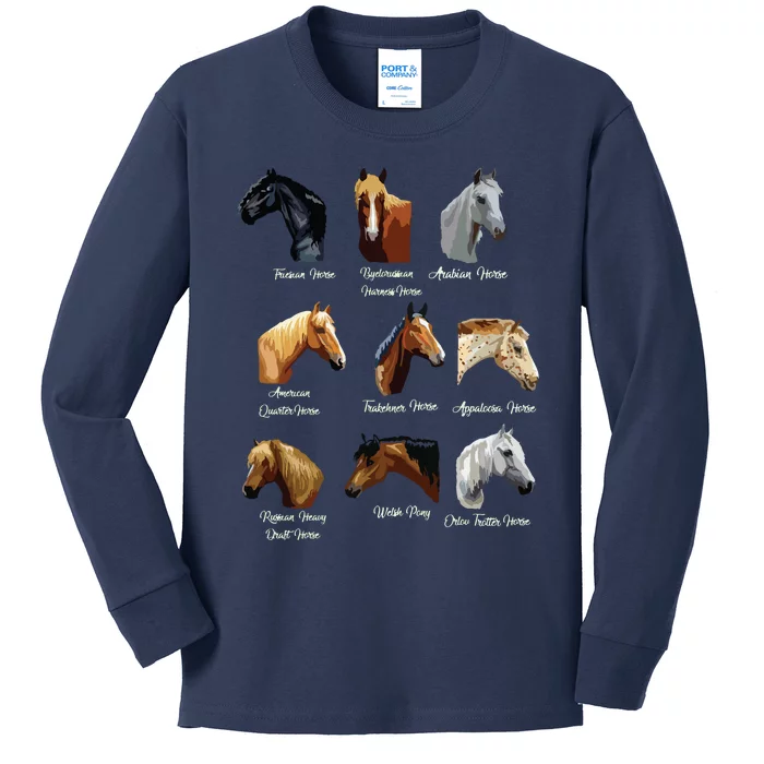 Horse Breeds Equestrian Horseback Riding Gift Kids Long Sleeve Shirt