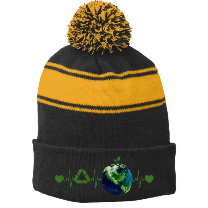 Heart Beat Earth Day Recycle Love Earth Day Anniversary 2024 Stripe Pom Pom Beanie