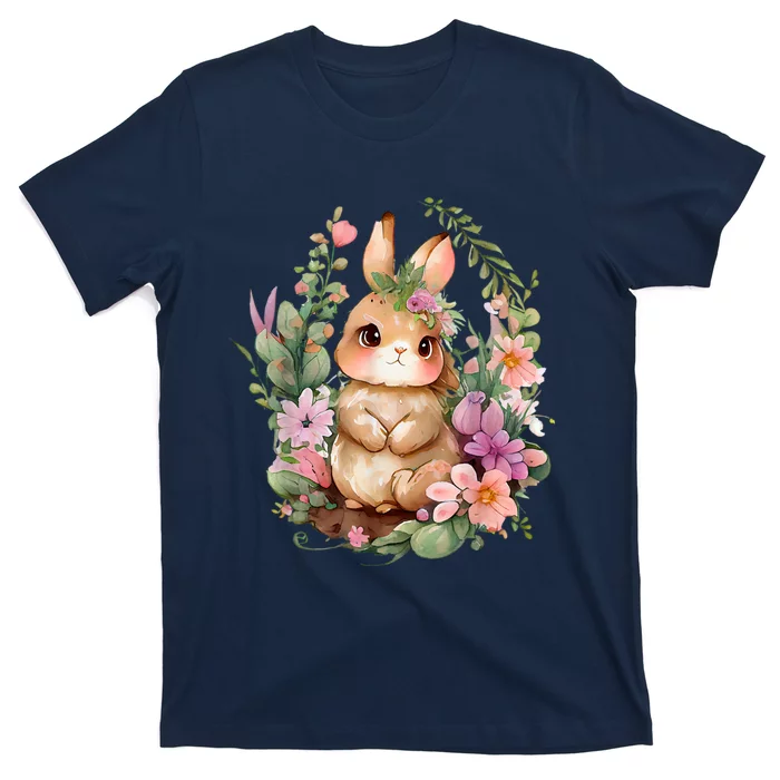 Happy Bunny Flower Graphic Easter Bunny Rabbit Women T-Shirt