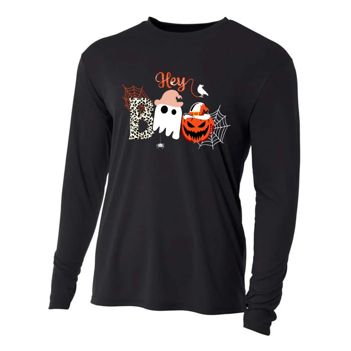 Hey Boo Funny Halloween Cute Ghost Pumpkin Cooling Performance Long Sleeve Crew