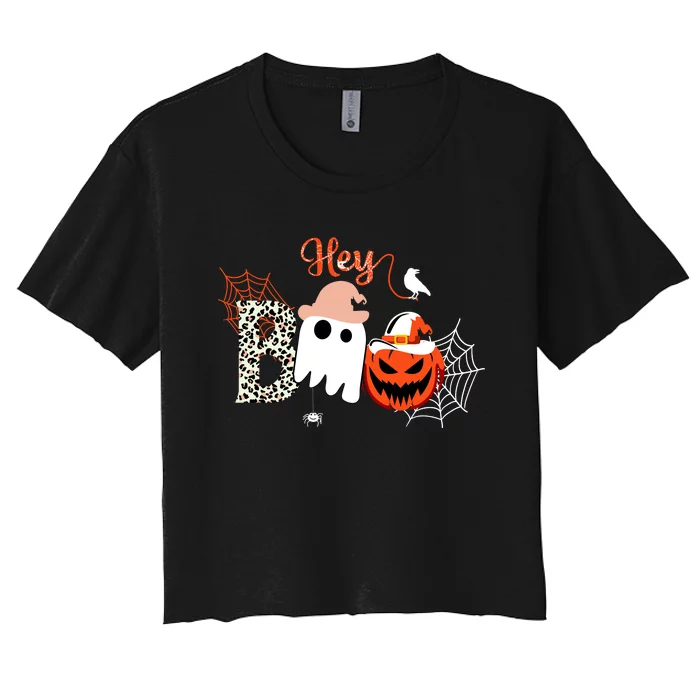 Hey Boo Funny Halloween Cute Ghost Pumpkin Women's Crop Top Tee