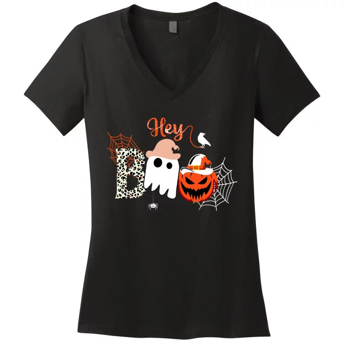 Hey Boo Funny Halloween Cute Ghost Pumpkin Women's V-Neck T-Shirt