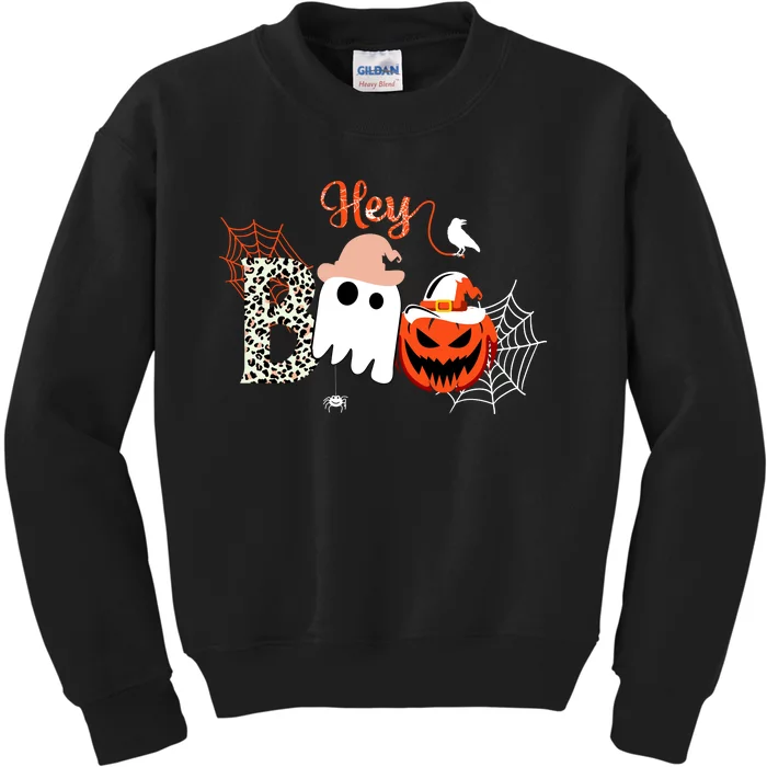 Hey Boo Funny Halloween Cute Ghost Pumpkin Kids Sweatshirt