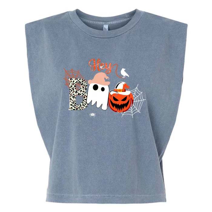 Hey Boo Funny Halloween Cute Ghost Pumpkin Garment-Dyed Women's Muscle Tee