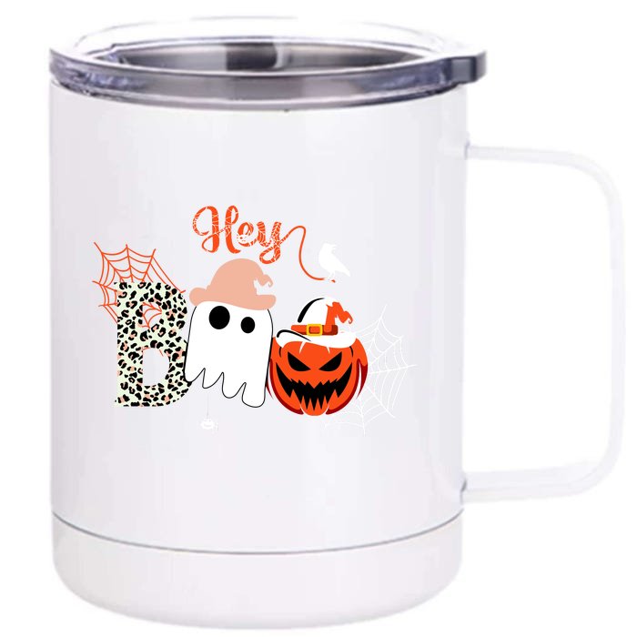 Hey Boo Funny Halloween Cute Ghost Pumpkin Front & Back 12oz Stainless Steel Tumbler Cup