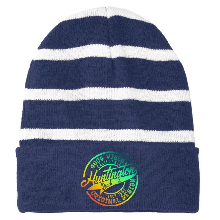 Huntington Beach Good Vibes Original Design Striped Beanie with Solid Band