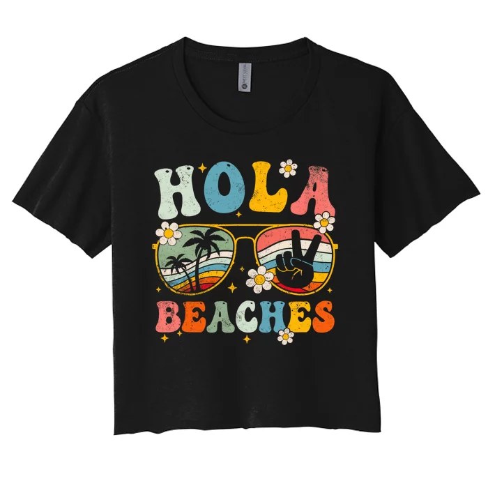 Hola Beaches Groovy Retro Funny Beach Vacation Summer Women's Crop Top Tee