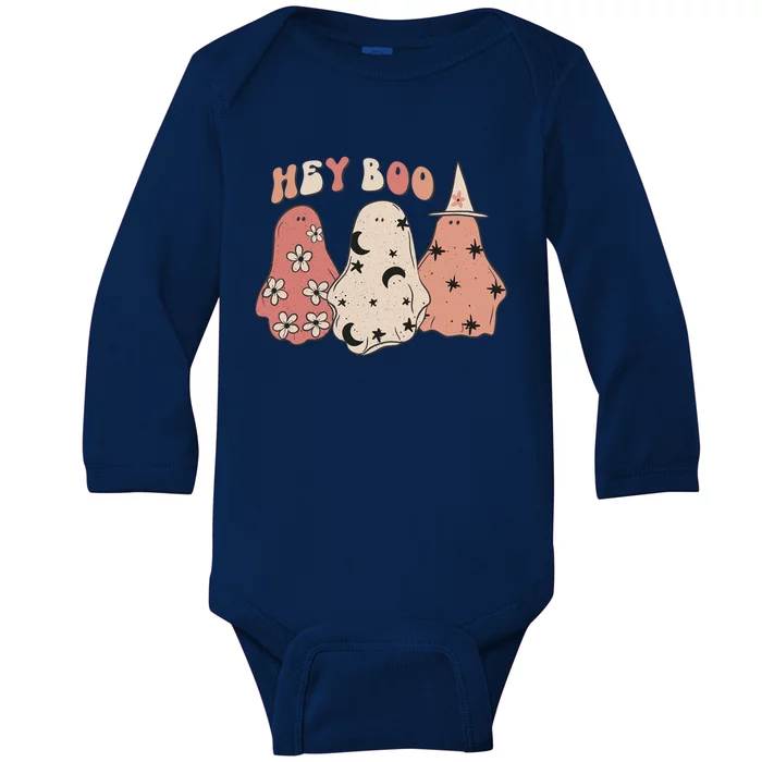 Hey Boo Ghost Halloween Costume Ghost Groovy Retro Cute Gift Baby Long Sleeve Bodysuit