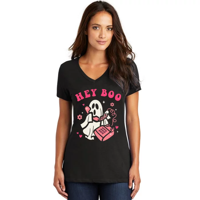 Hey Boo Ghost Halloween Women's V-Neck T-Shirt