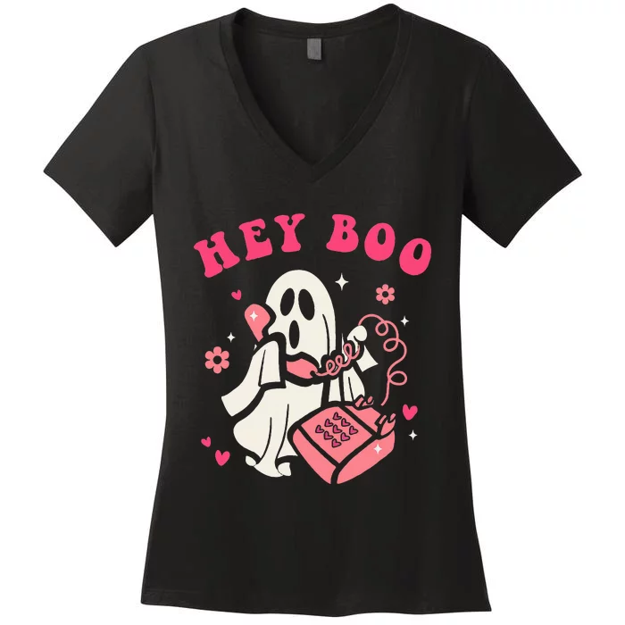 Hey Boo Ghost Halloween Women's V-Neck T-Shirt