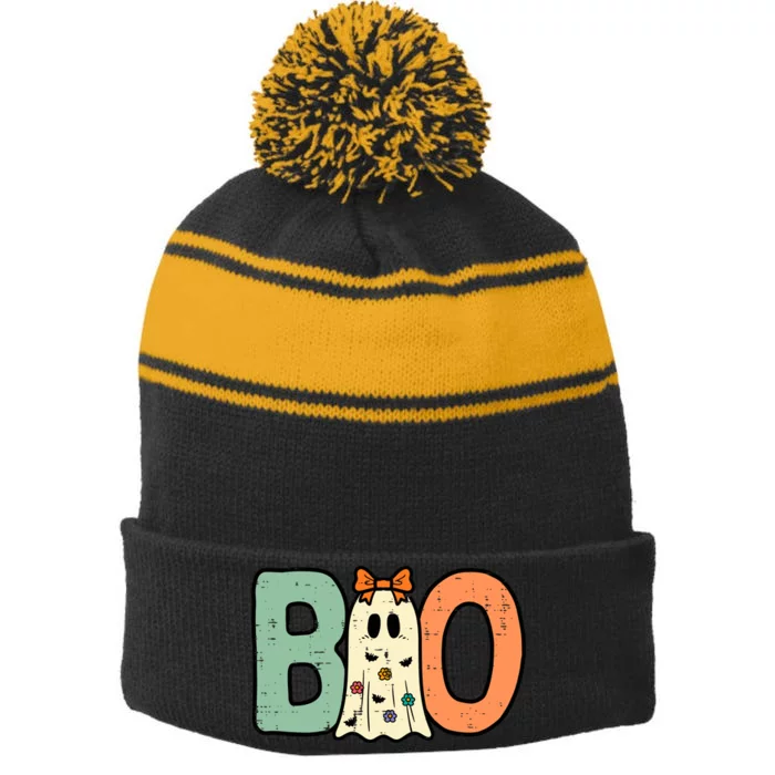 Halloween Boo Ghost Cute Costume Stripe Pom Pom Beanie