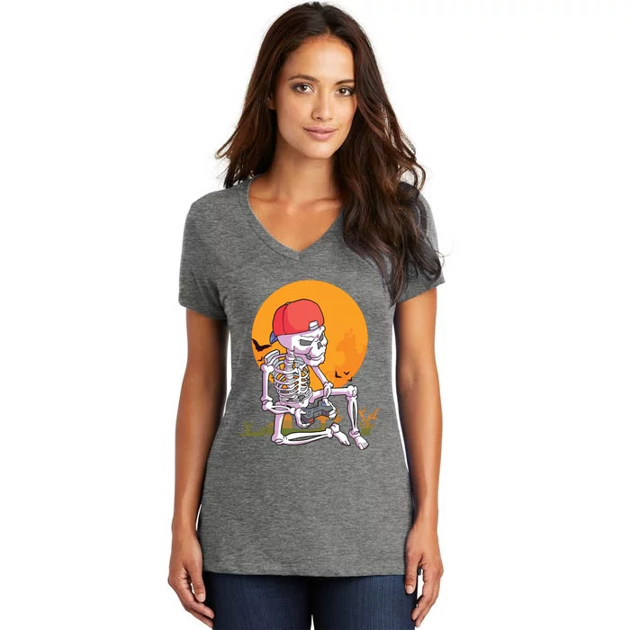 Halloween Boy Gamer Gaming Skeleton Boy Women's V-Neck T-Shirt