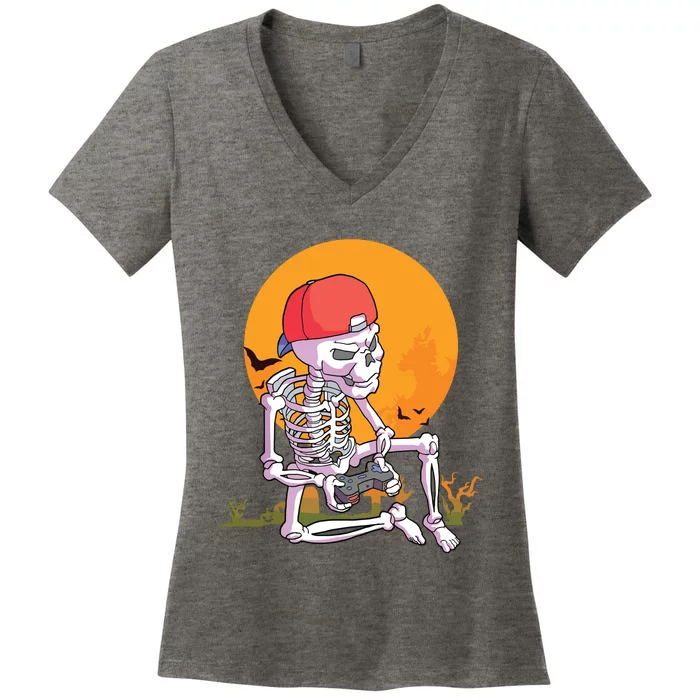 Halloween Boy Gamer Gaming Skeleton Boy Women's V-Neck T-Shirt