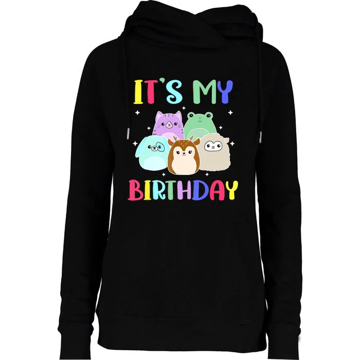 Happy Birthday Girl Squish Squad Mallow Cute Womens Funnel Neck Pullover Hood