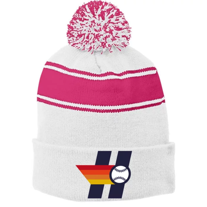 Houston Baseball H Retro Vintage Stripe Pom Pom Beanie