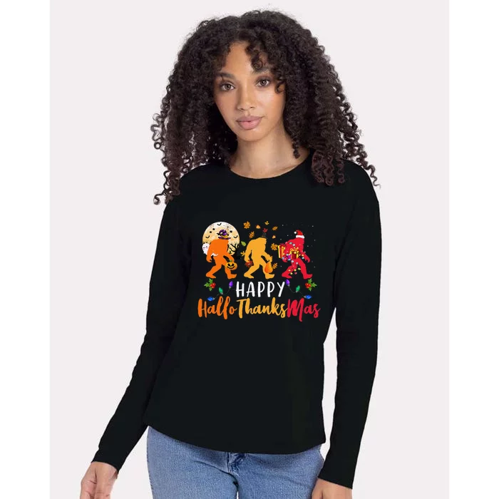 Hallothanksmas Bigfoot Halloween Thanksgiving Christmas Cute Womens Cotton Relaxed Long Sleeve T-Shirt