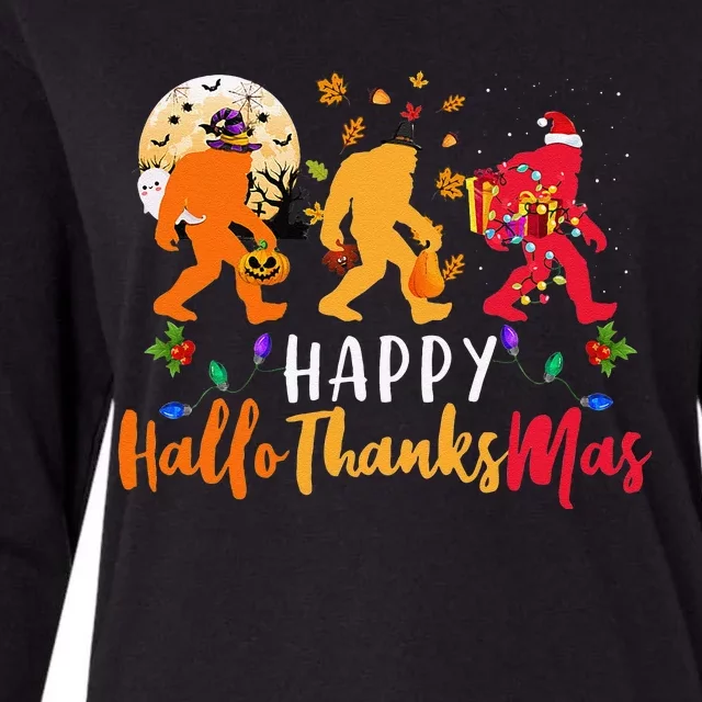 Hallothanksmas Bigfoot Halloween Thanksgiving Christmas Cute Womens Cotton Relaxed Long Sleeve T-Shirt