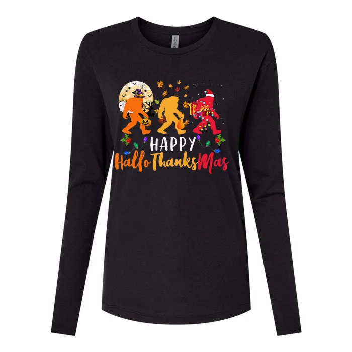 Hallothanksmas Bigfoot Halloween Thanksgiving Christmas Cute Womens Cotton Relaxed Long Sleeve T-Shirt