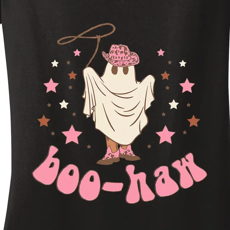 Halloween Boo Haw Ghost Western Cowboy Cowgirl Funny Spooky Women's V-Neck T-Shirt