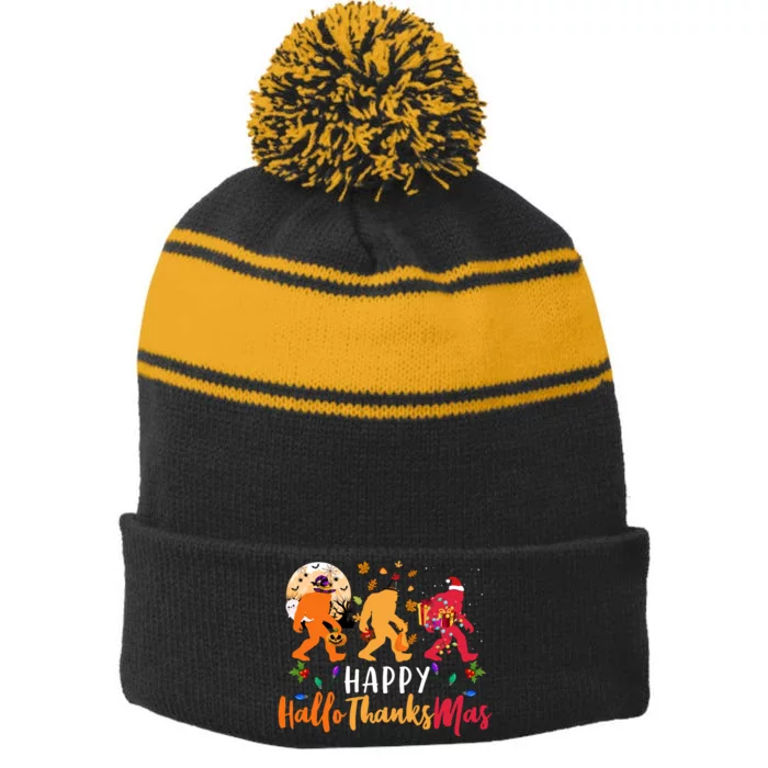 Hallothanksmas Bigfoot Halloween Thanksgiving Christmas Stripe Pom Pom Beanie