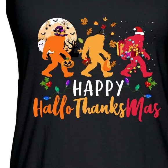 Hallothanksmas Bigfoot Halloween Thanksgiving Christmas Ladies Essential Flowy Tank