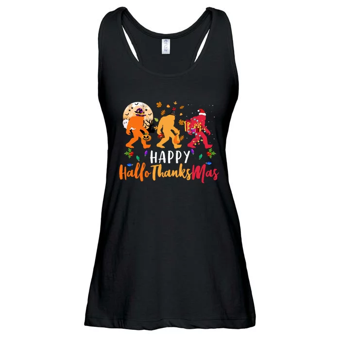 Hallothanksmas Bigfoot Halloween Thanksgiving Christmas Ladies Essential Flowy Tank