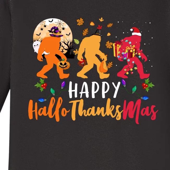 Hallothanksmas Bigfoot Halloween Thanksgiving Christmas Baby Long Sleeve Bodysuit