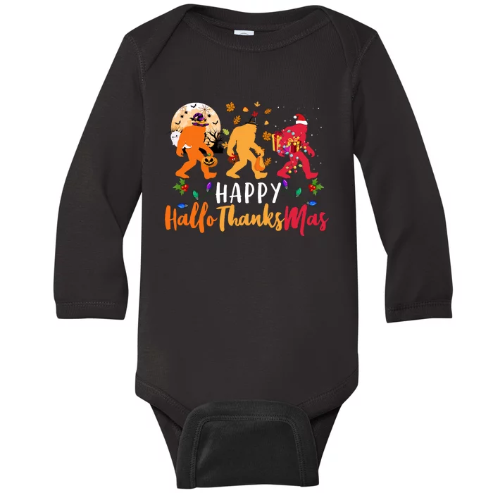 Hallothanksmas Bigfoot Halloween Thanksgiving Christmas Baby Long Sleeve Bodysuit