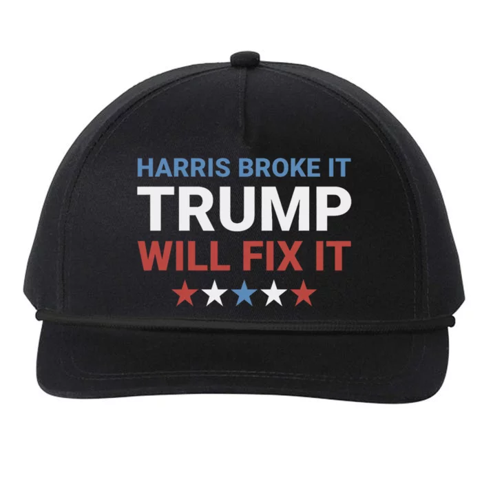 Harris Broke It Trump Will Fix It Kamala Broke It Trump 2024 Snapback Five-Panel Rope Hat