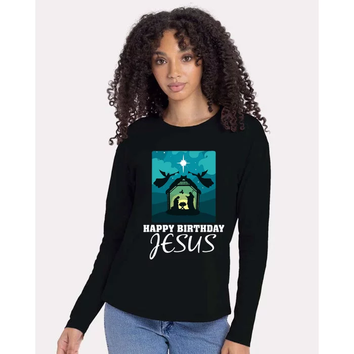 Happy Birthday Jesus  Christmas Advent Nativity Scene North Womens Cotton Relaxed Long Sleeve T-Shirt