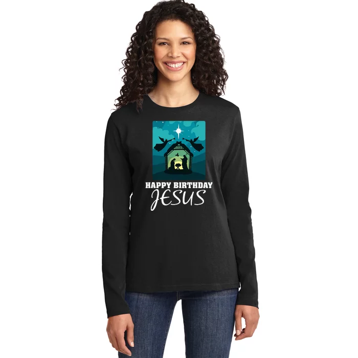 Happy Birthday Jesus  Christmas Advent Nativity Scene North Ladies Long Sleeve Shirt