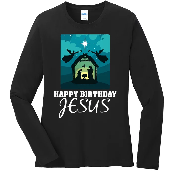 Happy Birthday Jesus  Christmas Advent Nativity Scene North Ladies Long Sleeve Shirt