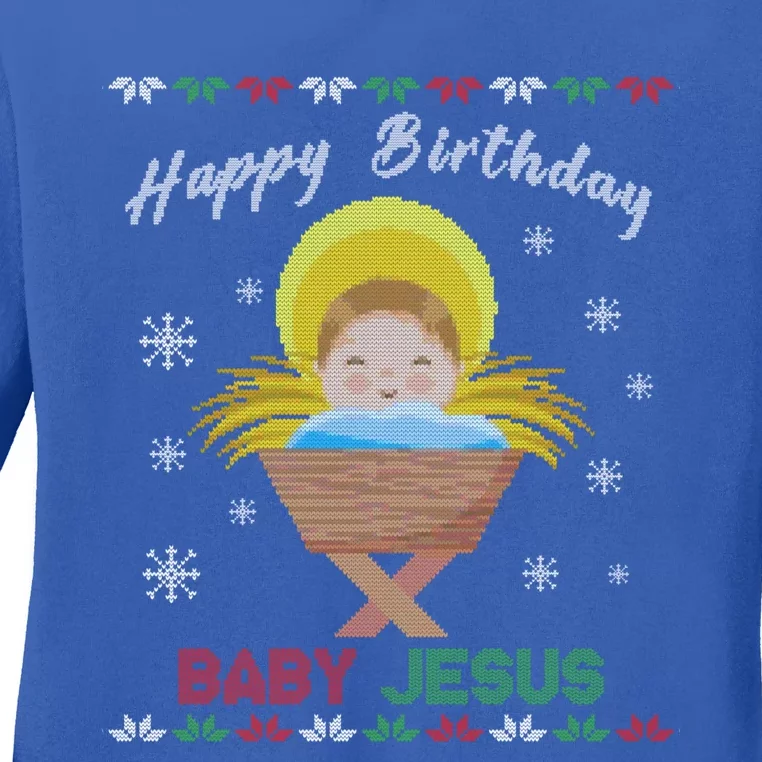 Happy Birthday Jesus Funny Ugly Christmas Gift Ladies Long Sleeve Shirt