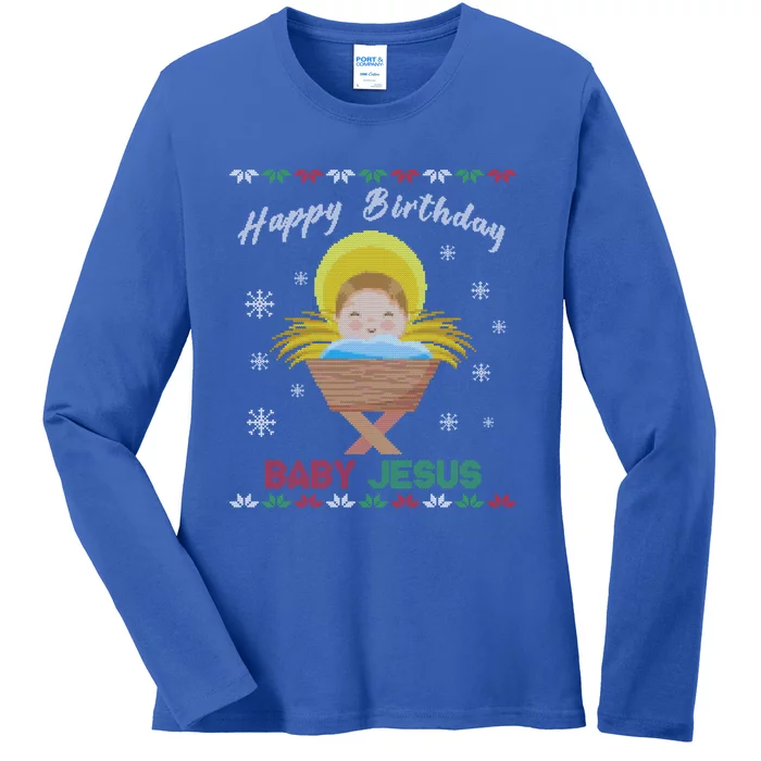 Happy Birthday Jesus Funny Ugly Christmas Gift Ladies Long Sleeve Shirt