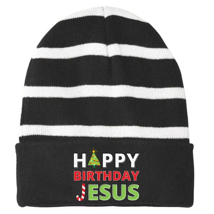 Happy Birthday Jesus Funny Christian Christmas Striped Beanie with Solid Band