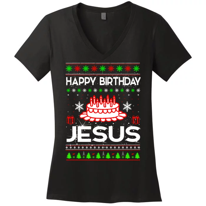 Happy Birthday Jesus Ugly Christmas Women's V-Neck T-Shirt