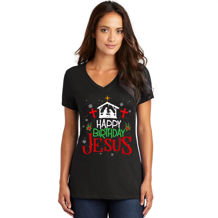 Happy Birthday Jesus Funny Christian Christmas Holiday Gifts Women's V-Neck T-Shirt