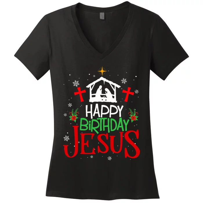 Happy Birthday Jesus Funny Christian Christmas Holiday Gifts Women's V-Neck T-Shirt