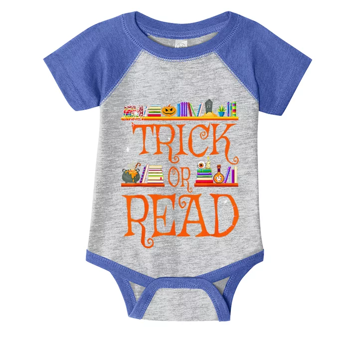 Halloween Book Lovers Librarian Trick Or Read Library Event Infant Baby Jersey Bodysuit