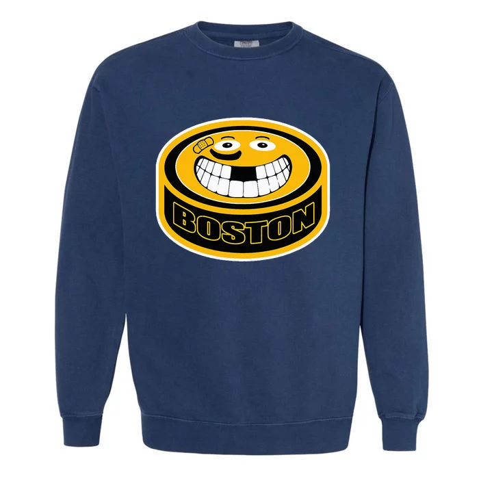 Hockey Boston Mass. Funny Puck Smile Face Garment-Dyed Sweatshirt