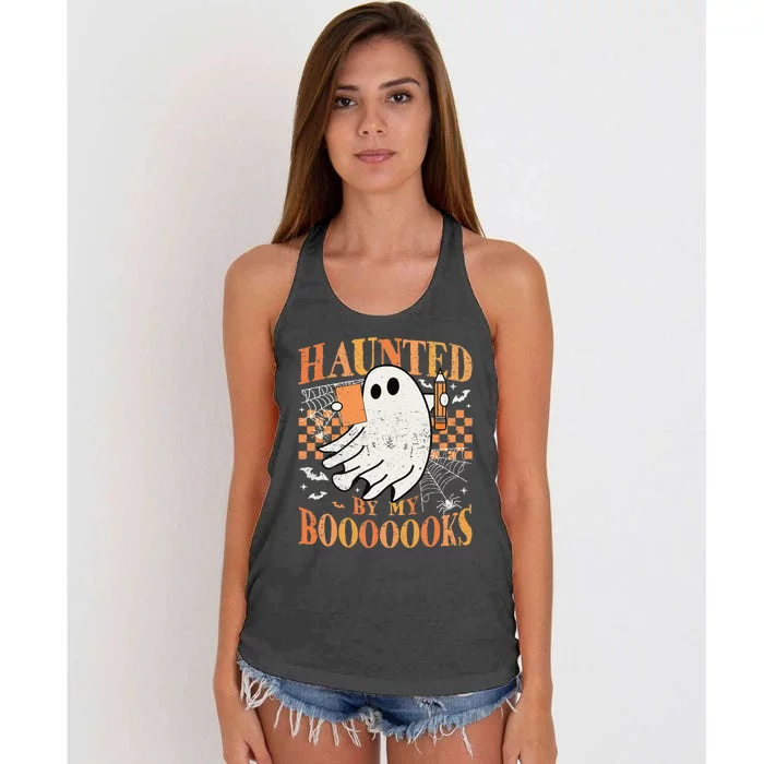 Haunted By My Books Ghost Halloween Teacher Librarian Women's Knotted Racerback Tank