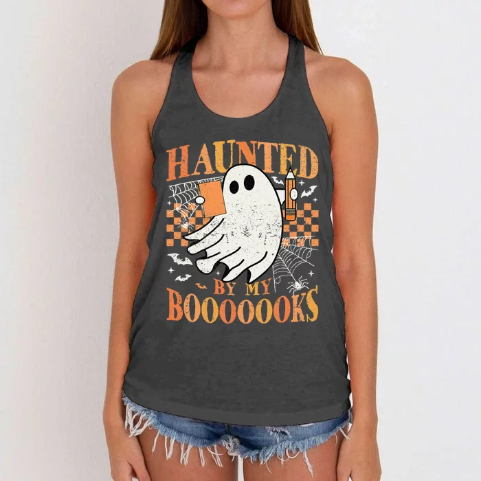 Haunted By My Books Ghost Halloween Teacher Librarian Women's Knotted Racerback Tank