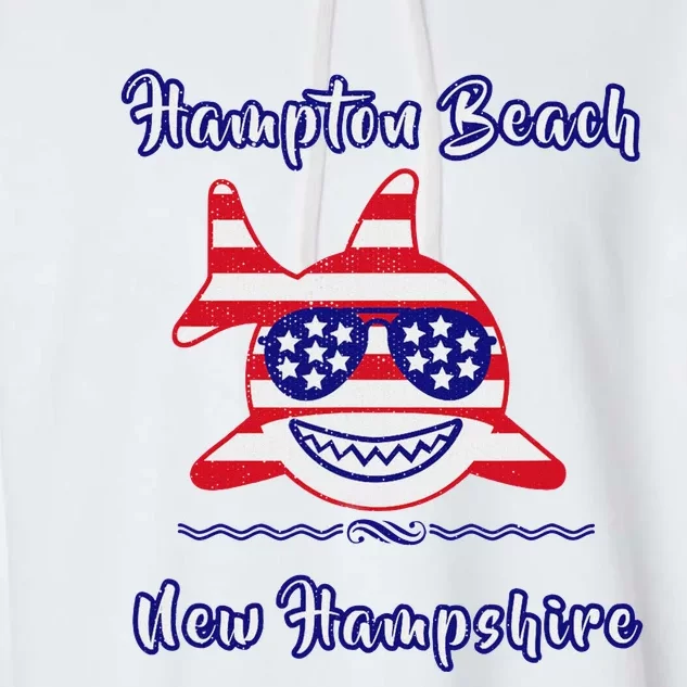 Hampton Beach New Hampshire Patriotic Usa Flag Whimsy Shark Garment-Dyed Fleece Hoodie