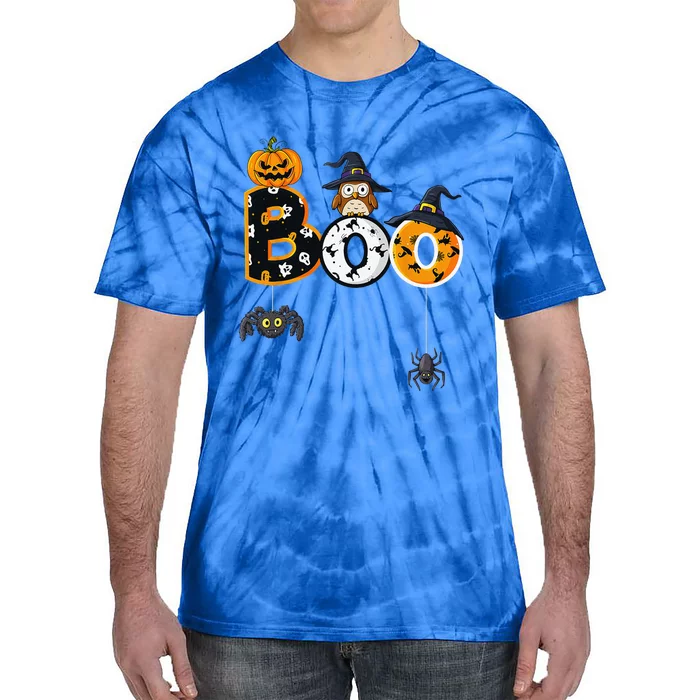 Halloween Boo Owl With Witch Hat Spiders Tie-Dye T-Shirt