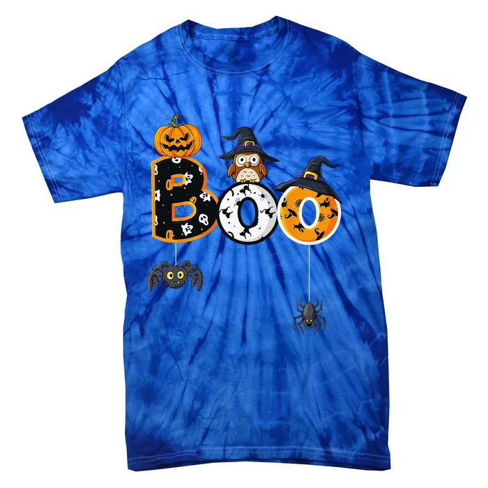 Halloween Boo Owl With Witch Hat Spiders Tie-Dye T-Shirt