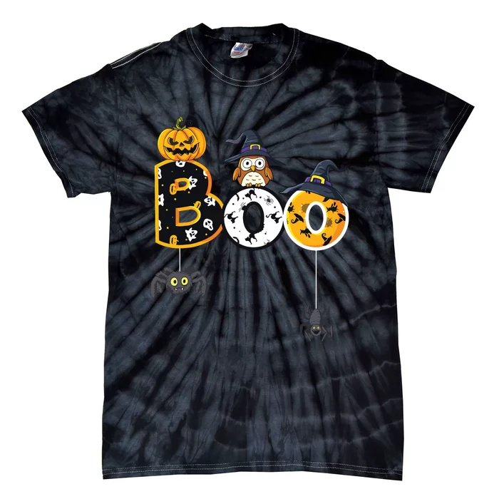 Halloween Boo Owl With Witch Hat Spiders Boy Girls Kids Tie-Dye T-Shirt