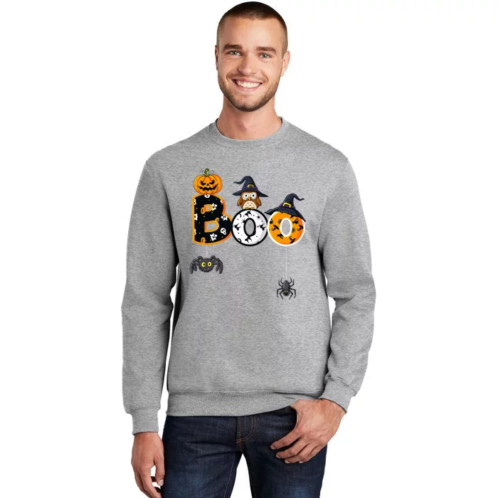 Halloween Boo Owl With Witch Hat Spiders Tall Sweatshirt