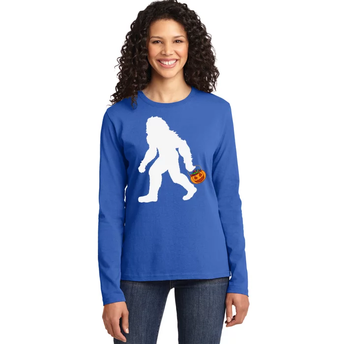 Halloween Bigfoot Pumpkin Apparel Fun Sasquatch Ladies Long Sleeve Shirt