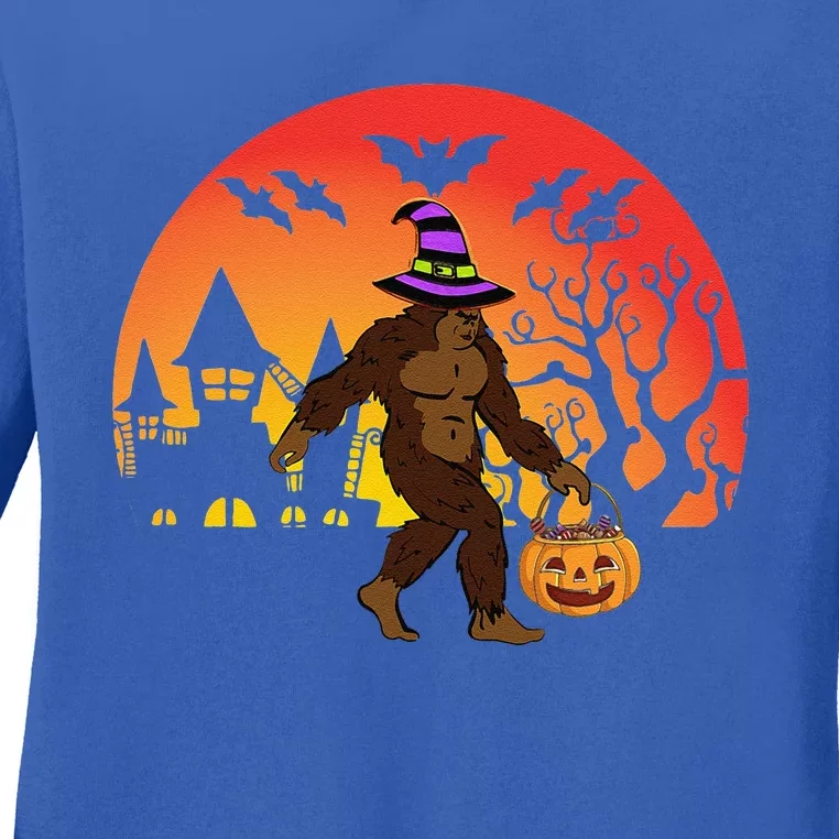 Halloween Bigfoot Pumpkin Candy Basket Ladies Long Sleeve Shirt