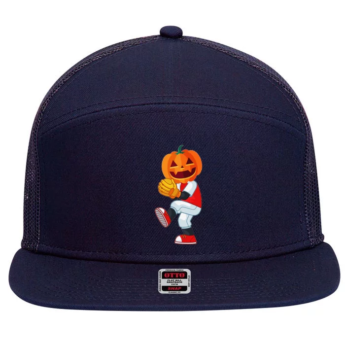 Halloween Baseball Pitcher Pumpkin Head Scary Gift 7 Panel Mesh Trucker Snapback Hat